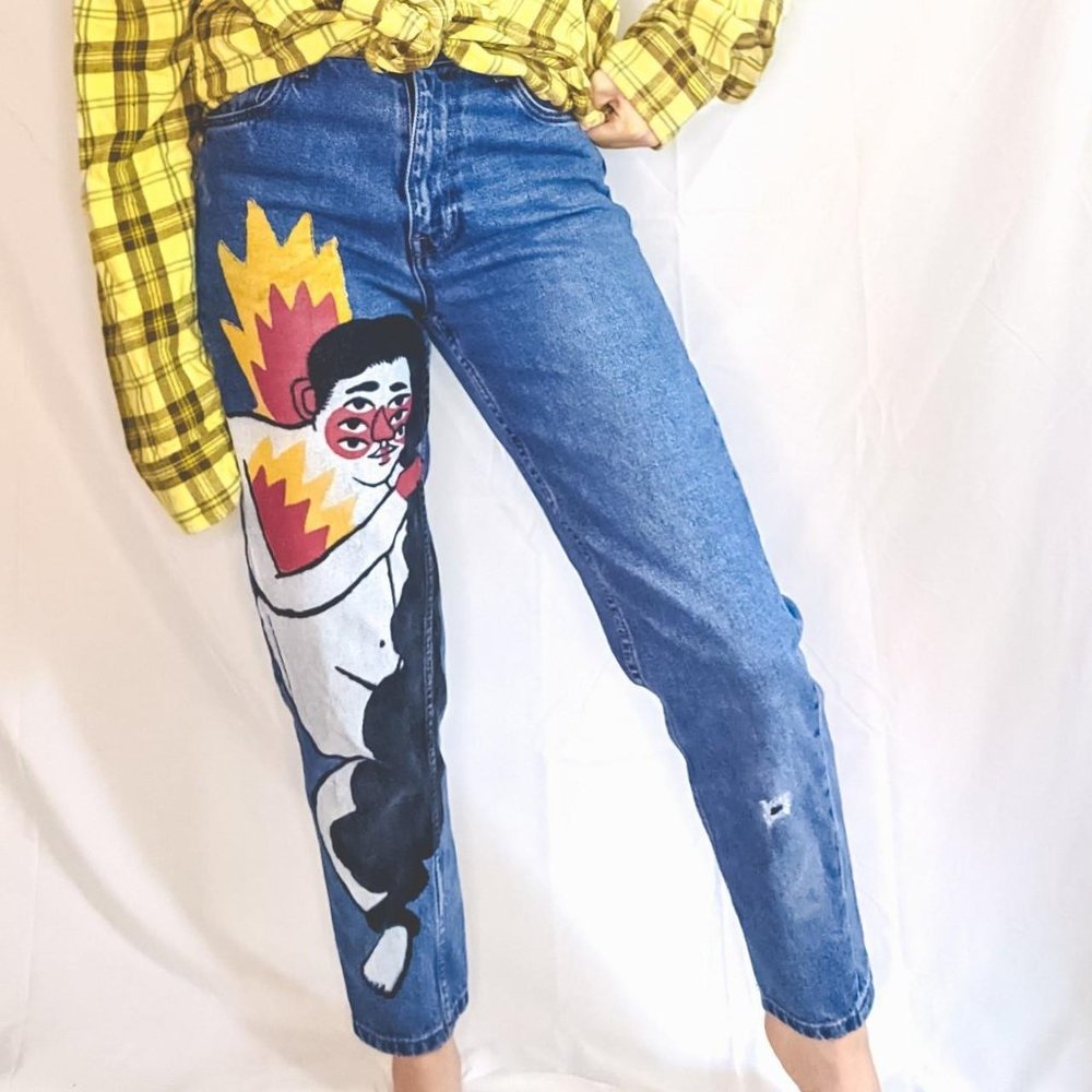 Zara X Ricardo Cavolo Handpainted Mom Jeans Dark Wash Size Us 2 View 2